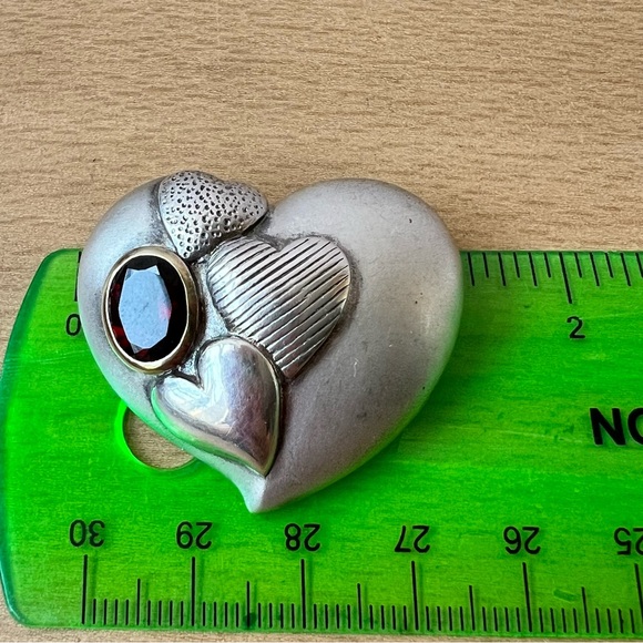VINTAGE 925 STERLING SILVER GARNET LARGE PUFFY TRIPLE HEART PIN BROOCH STATEMENT